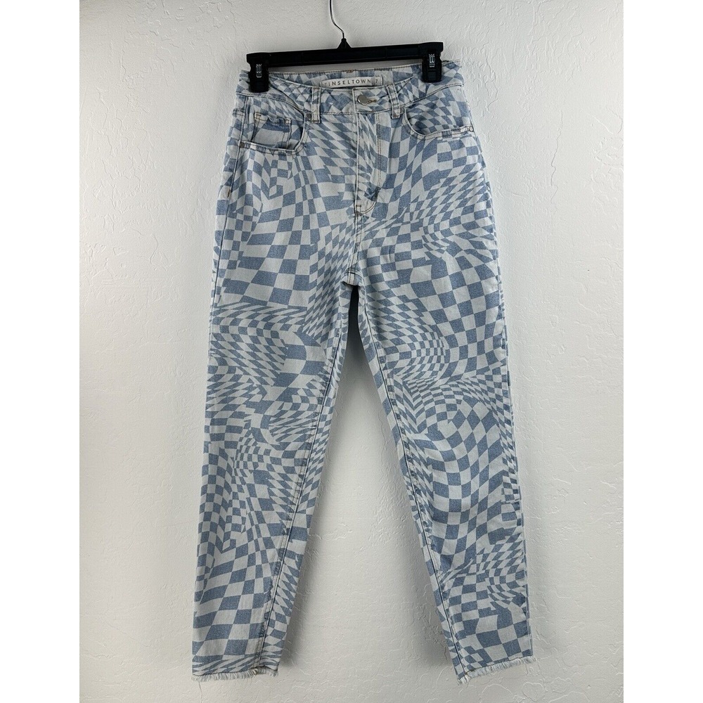 Tinseltown Jeans Juniors 7 Blue White Checkered Tapered Skate‎ Surf Trendy Gen Z